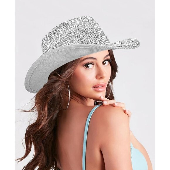 Silver Rhinestone Cowboy Hat Women Glitter Disco Western Fashion Accessory main image 4
